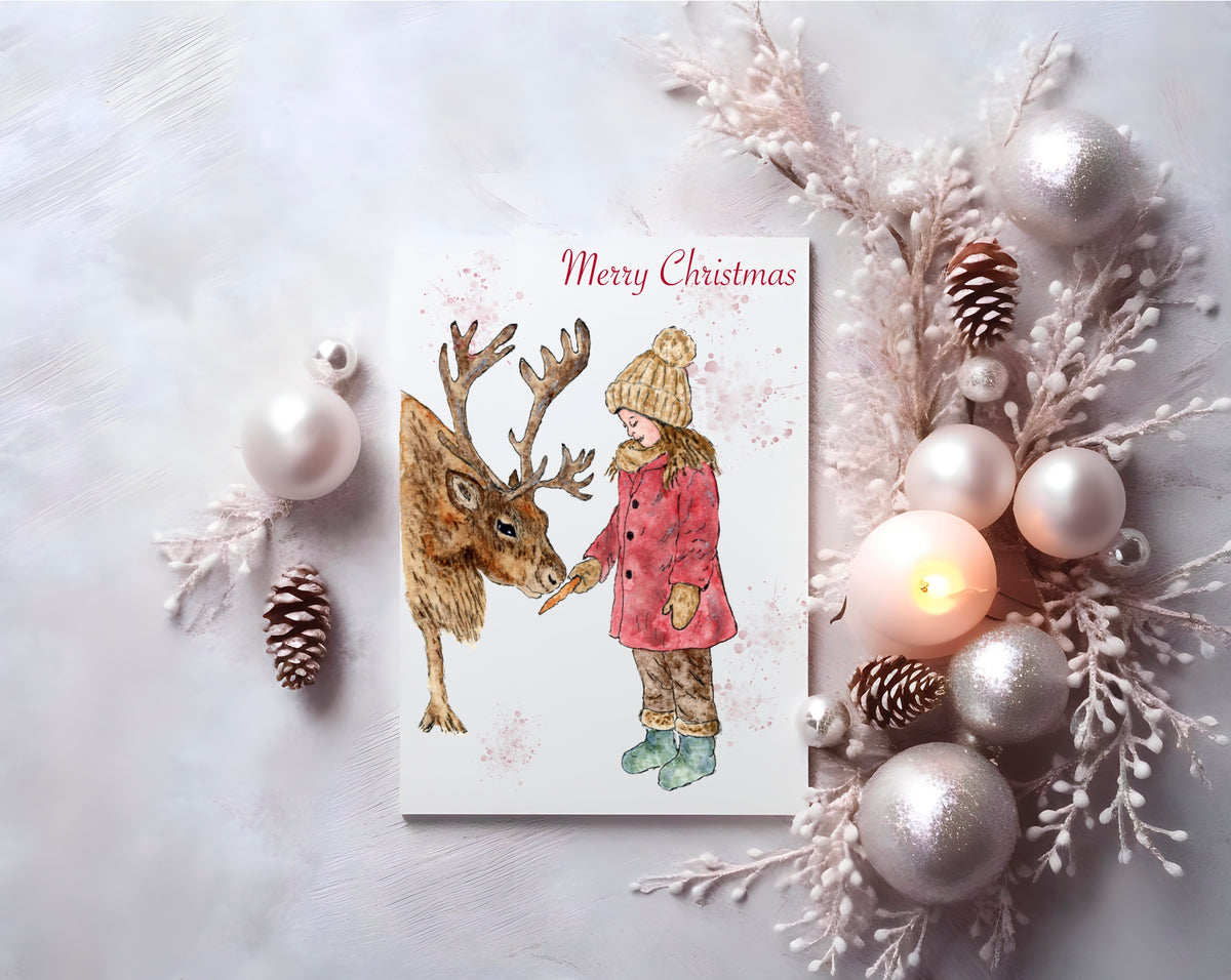 Christmas Watercolour Greeting Card - Girl with Reindeer | Original Art