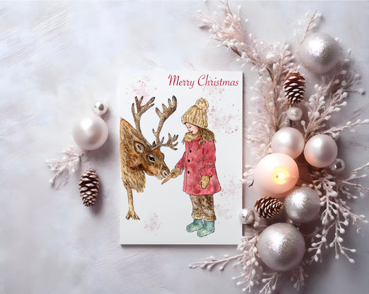 Christmas Watercolour Greeting Card - Girl with Reindeer | Original Art