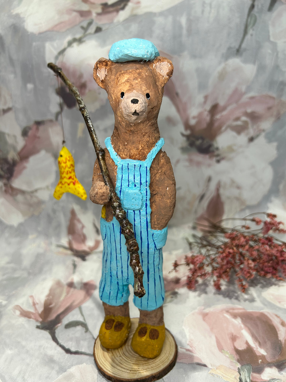 Handcrafted Paper Mache Bear sculpture - Finn Fishing Bear