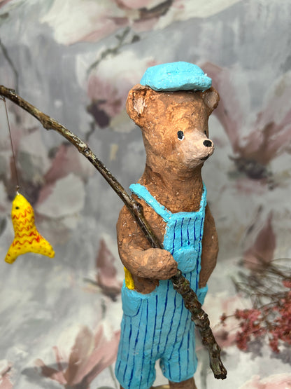 Handcrafted Paper Mache Bear sculpture - Finn Fishing Bear