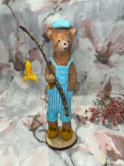 Handcrafted Paper Mache Bear sculpture - Finn Fishing Bear