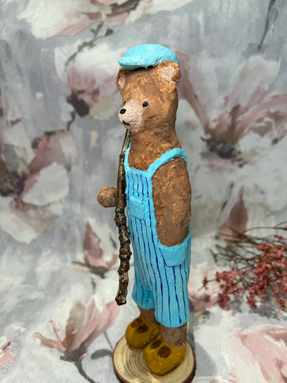 Handcrafted Paper Mache Bear sculpture - Finn Fishing Bear
