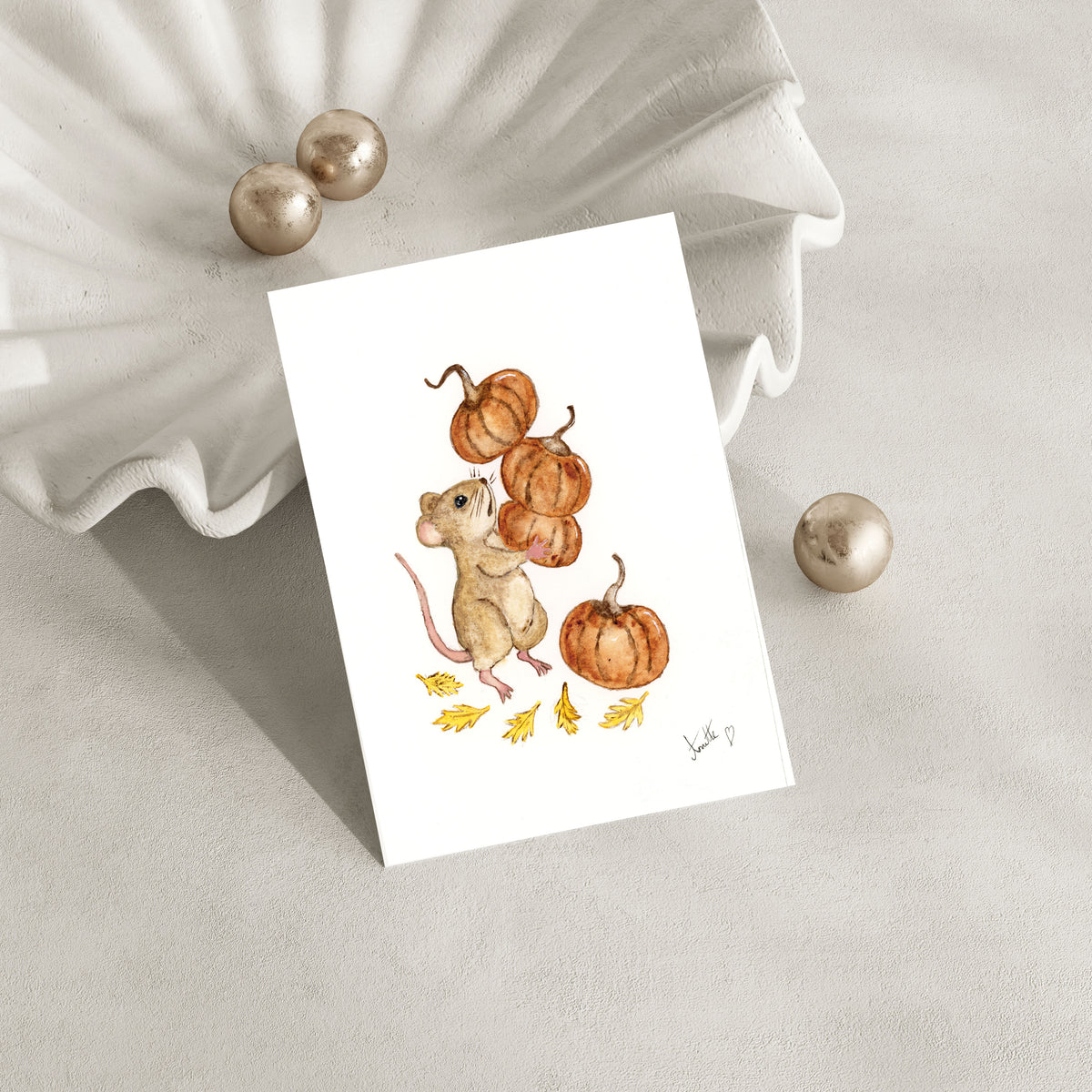 Greeting card - watercolour art - mouse with pumpkins