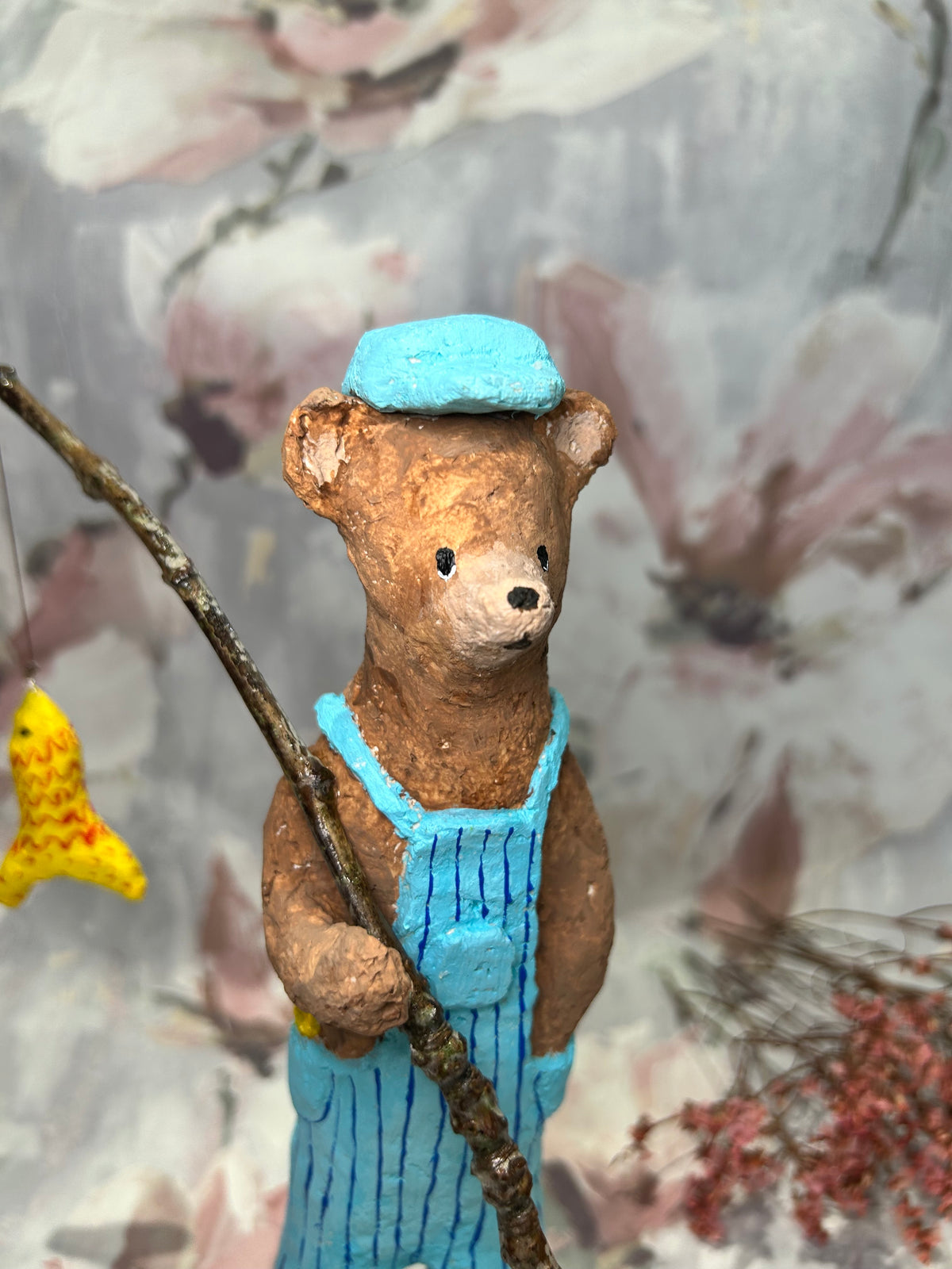 Handcrafted Paper Mache Bear sculpture - Finn Fishing Bear